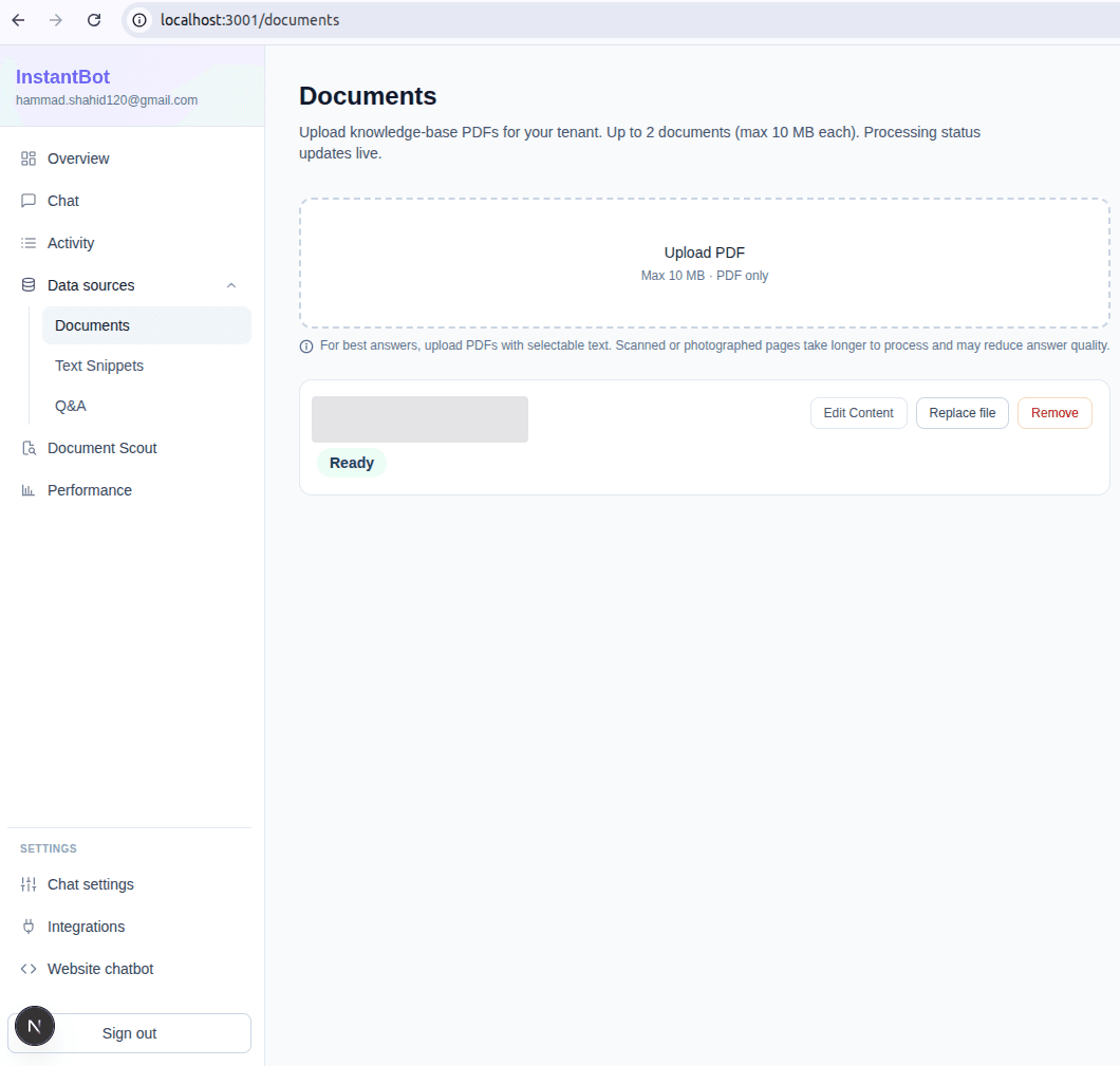 InstantBot screenshot: Add knowledge