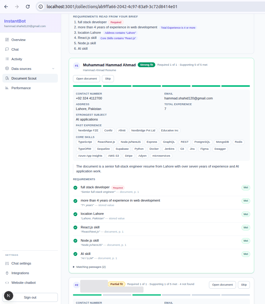 InstantBot screenshot: Document Scout screens against a brief